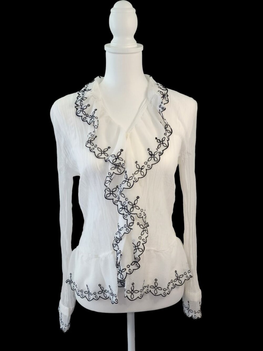 Cathaya Embroidered Ruffle Accordion Pleat Blouse White Black Boho Romantic M